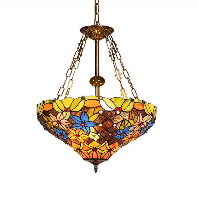 Lámpara de colgantes floral 3 bulbos de vidrio manchado Tiffany Lodge Luz de techo de techo en acabado de latón antiguo