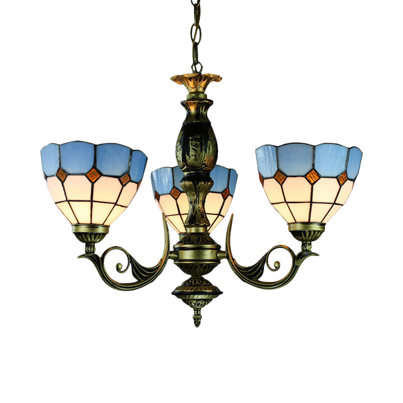 Brass Finish Bowl Chandelier with Metal Chain and Blue Glass Shade Vintage Tiffany 3 Lights Pendant Light