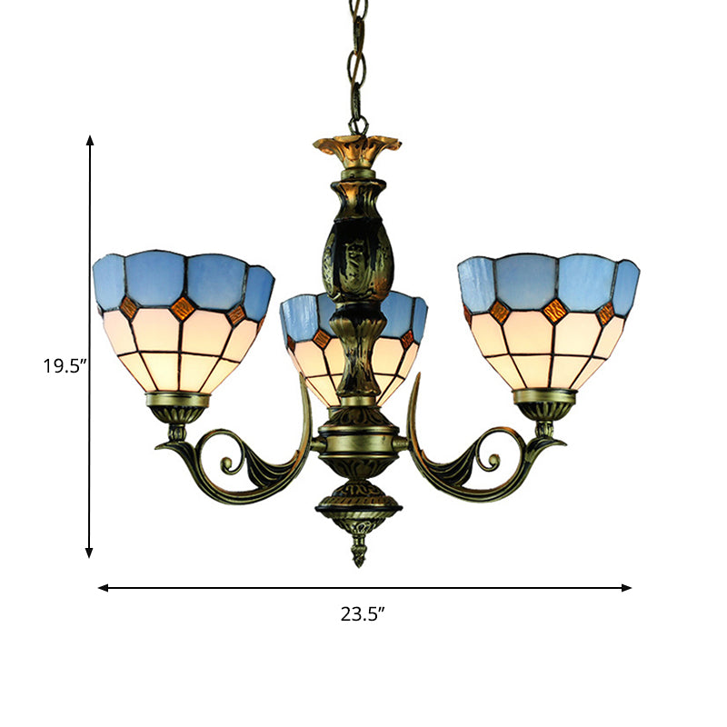 Brass Finish Bowl Chandelier with Metal Chain and Blue Glass Shade Vintage Tiffany 3 Lights Pendant Light