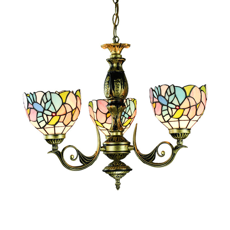 Stained Glass Pendant Lamp with Bowl Shade 3 Lights Rustic Chandelier Lighting in Multi Color