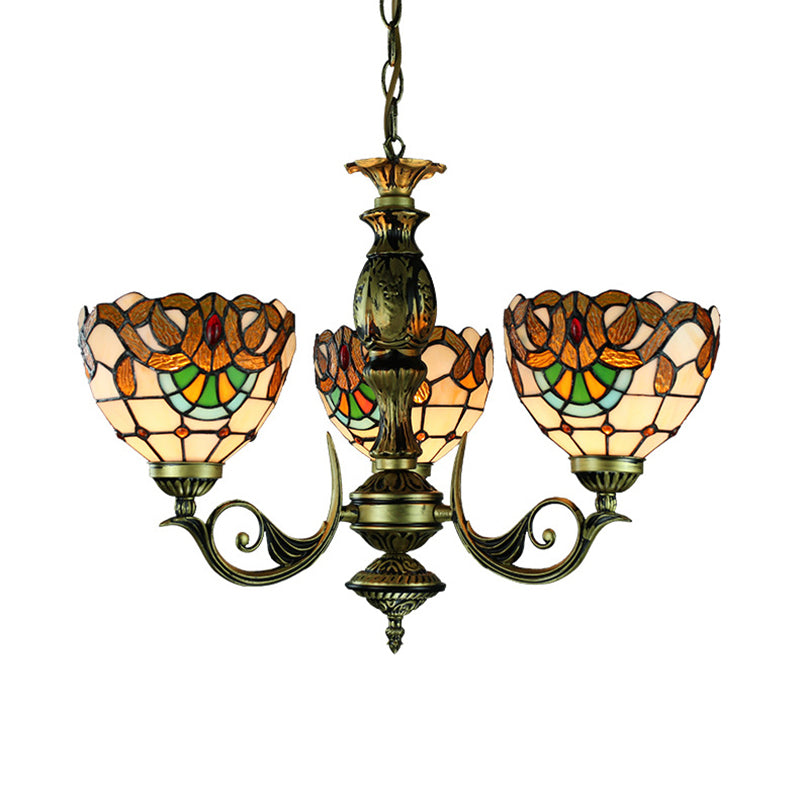 Victorian Bowl Chandelier Lighting Stained Glass 3 Lights Indoor Pendant Light for Dining Room