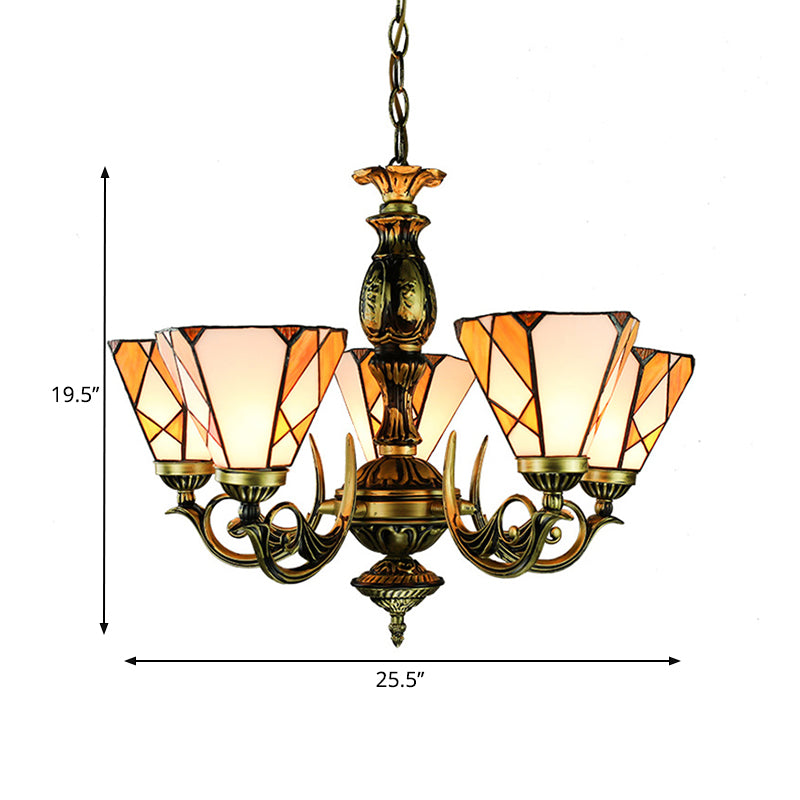 Stained Glass Cone Chandelier Light with Metal Chain 5 Lights Tiffany Lighting for Bedroom