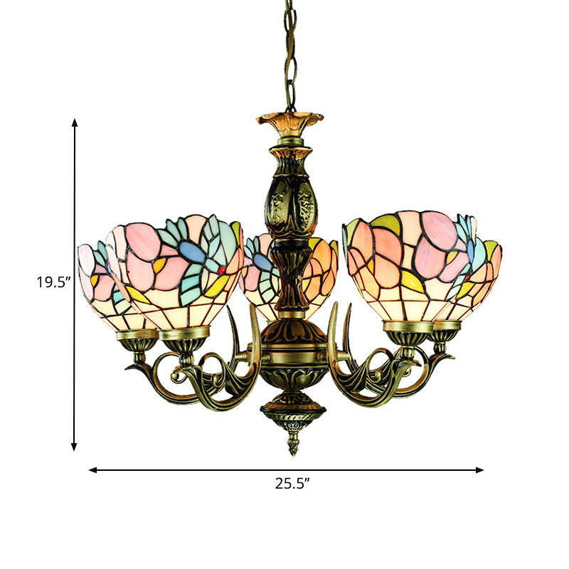 Lodge Bowl Hanging Pendant Light with Bird and Flower 5 Lights Stained Glass Chandelier in Antique Bronze