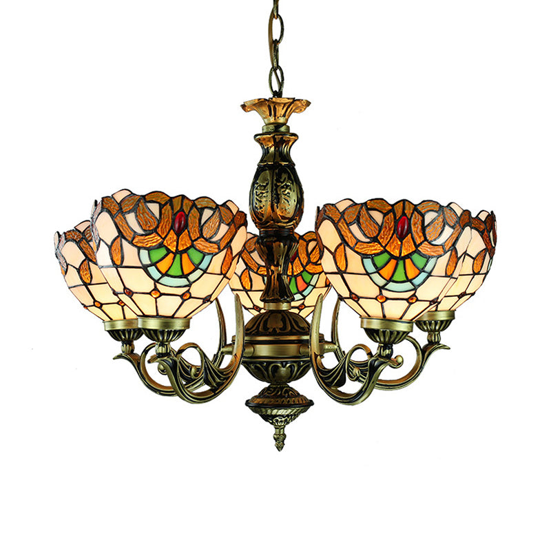 5 Lights Bowl Ceiling Pendant Victorian Height Adjustable Stained Glass Hanging Chandelier