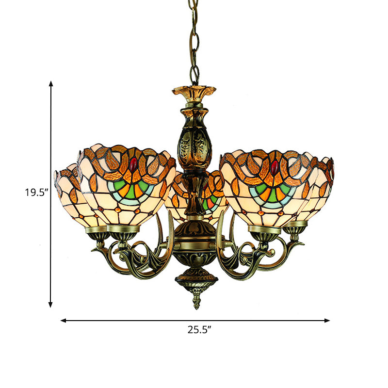 5 Lichten kom plafond hanger Victoriaanse hoogte verstelbare gebrandschilderde glashangende kroonluchter