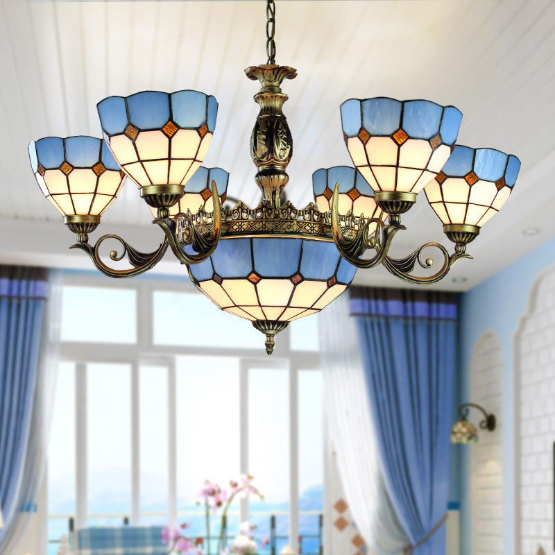 Blue 9 Lights Pendant Chandelier Nautical Stained Glass Dome Ceiling Light for Living Room