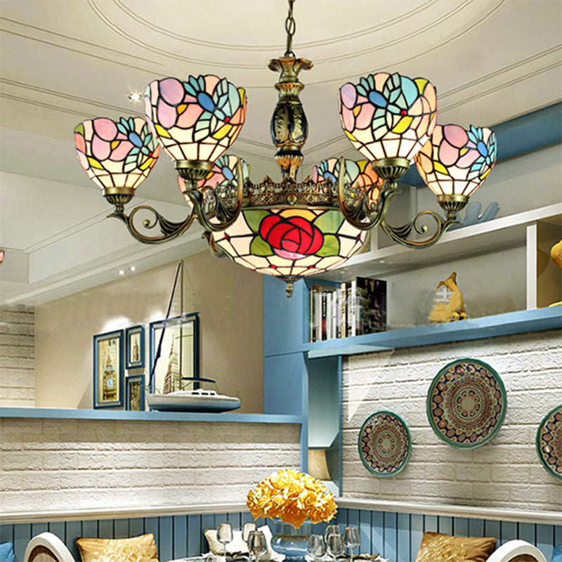 9 Lights Rose Chandelier Lighting Tiffany Style Red and Blue Stained Glass Pendant Lamp for Bedroom