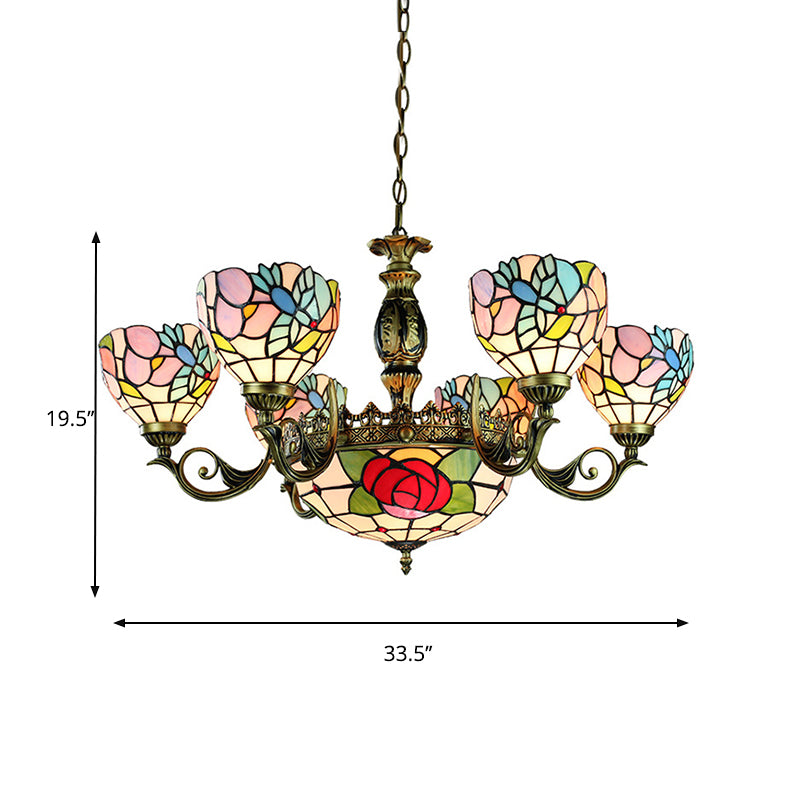 9 Lights Rose Chandelier Lighting Tiffany Style Red and Blue Stained Glass Pendant Lamp for Bedroom