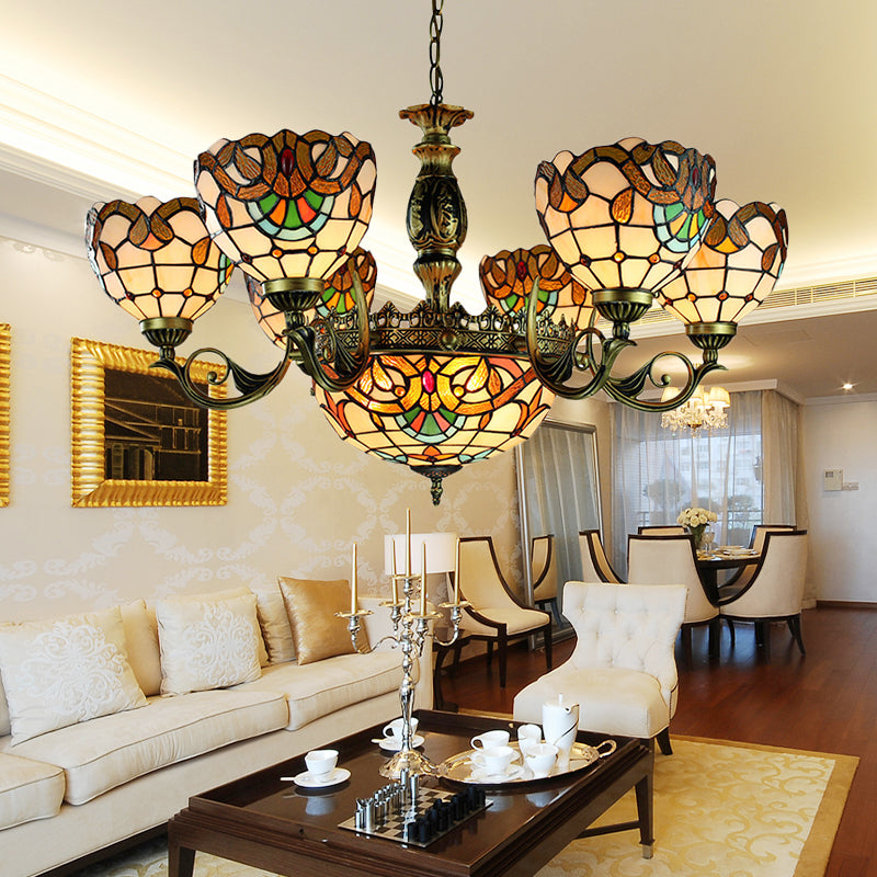 Victorian Style Domed Pendant Lamp 11 Light Stained Glass Ceiling Chandelier in Beige for Living Room