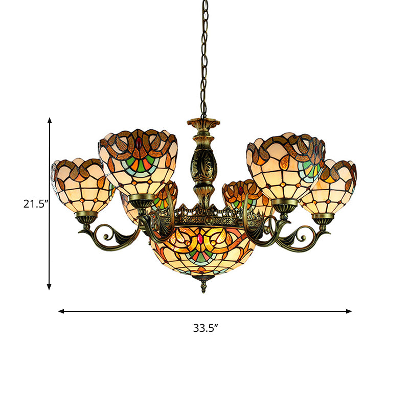 Victorian Style Domed Pendant Lamp 11 Light Stained Glass Ceiling Chandelier in Beige for Living Room