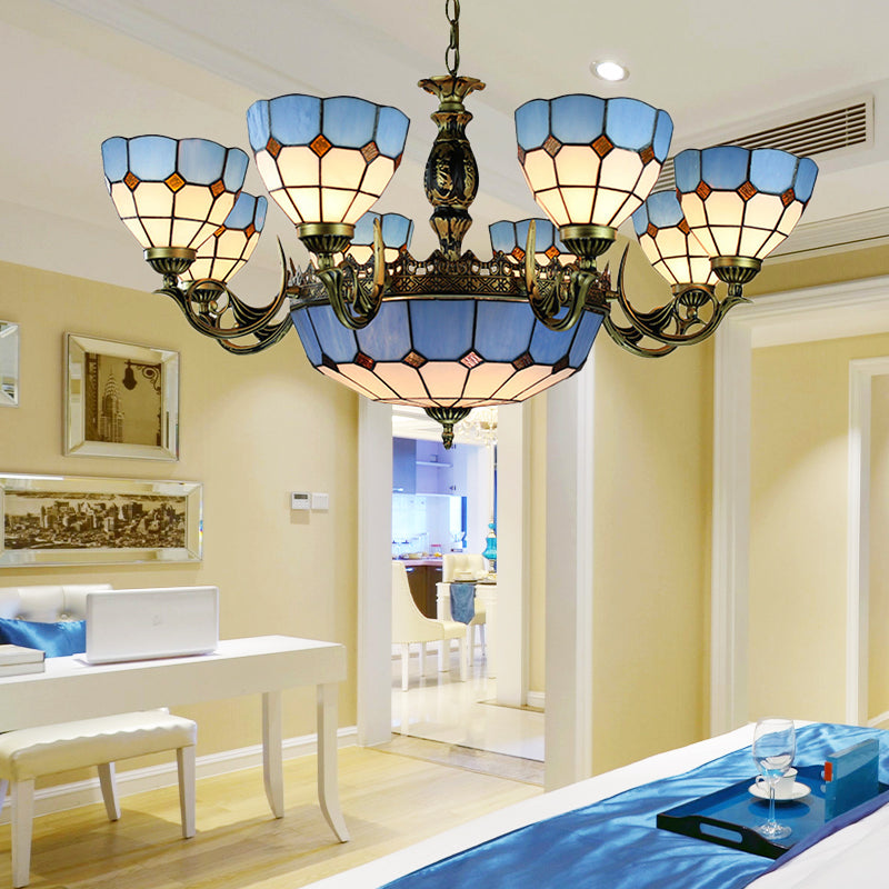 Bowl Shaped Chandelier Lighting Mediterranean Cut Glass 11 Lights Blue Hanging Ceiling Light