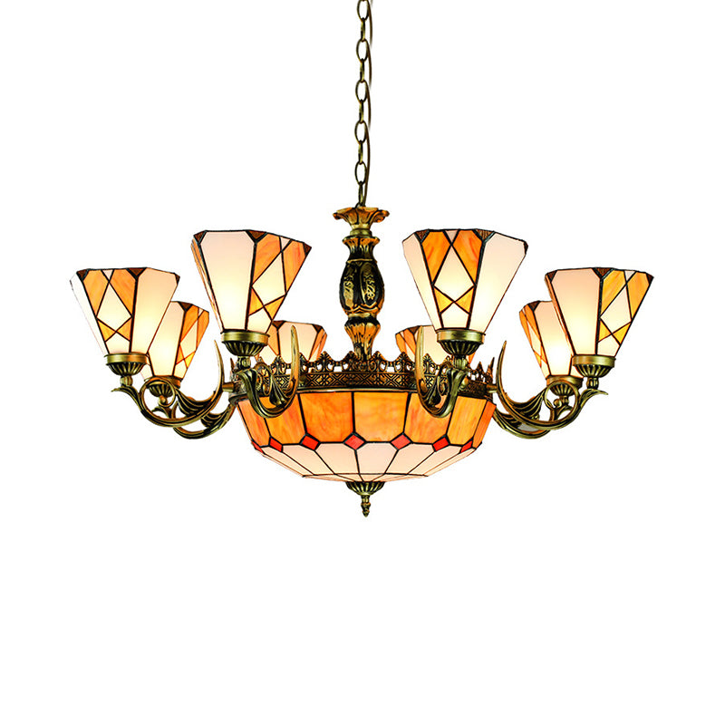 Bowl Ceiling Chandelier 11 Lights Stained Glass Vintage Pendant Lighting in Yellow