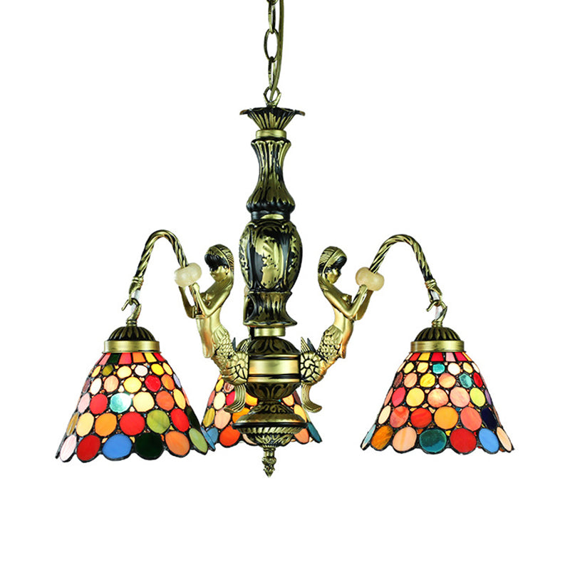 Antieke bronzen bel kroonluchter lamp Tiffany 3 lichten gebrandschilderd glas hangend licht met zeemeermin -arm