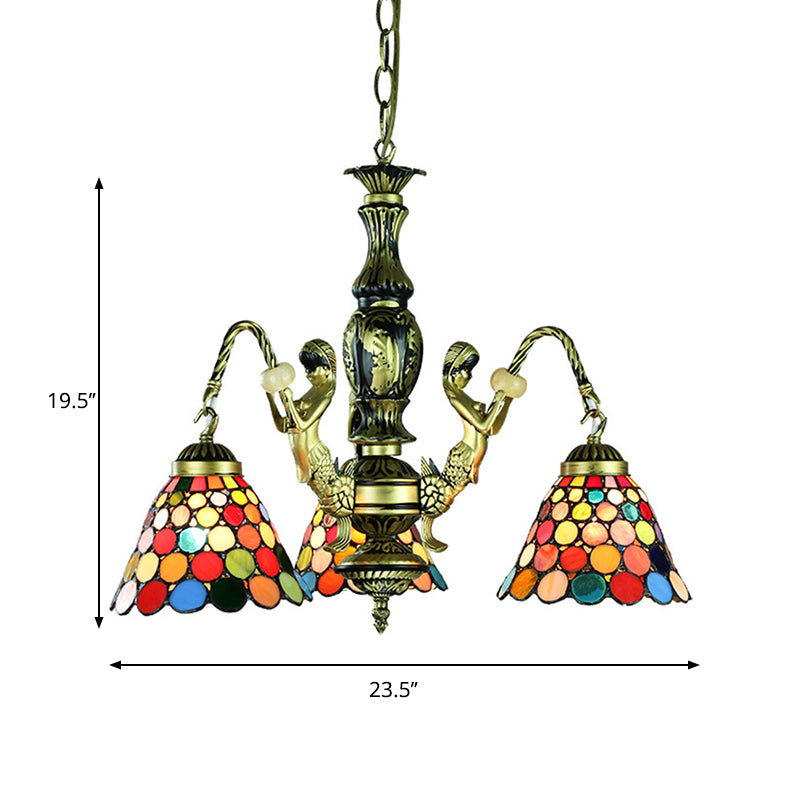 Antieke bronzen bel kroonluchter lamp Tiffany 3 lichten gebrandschilderd glas hangend licht met zeemeermin -arm