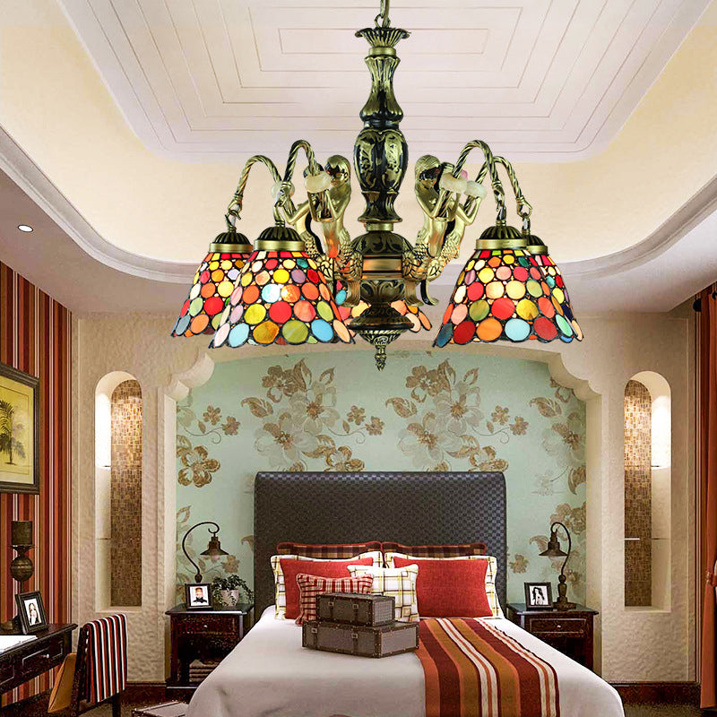 5 lichten plafondlicht Tiffany -stijl klokschaduw gebrandschilderd glas hangende kroonluchter in antiek brons voor slaapkamer