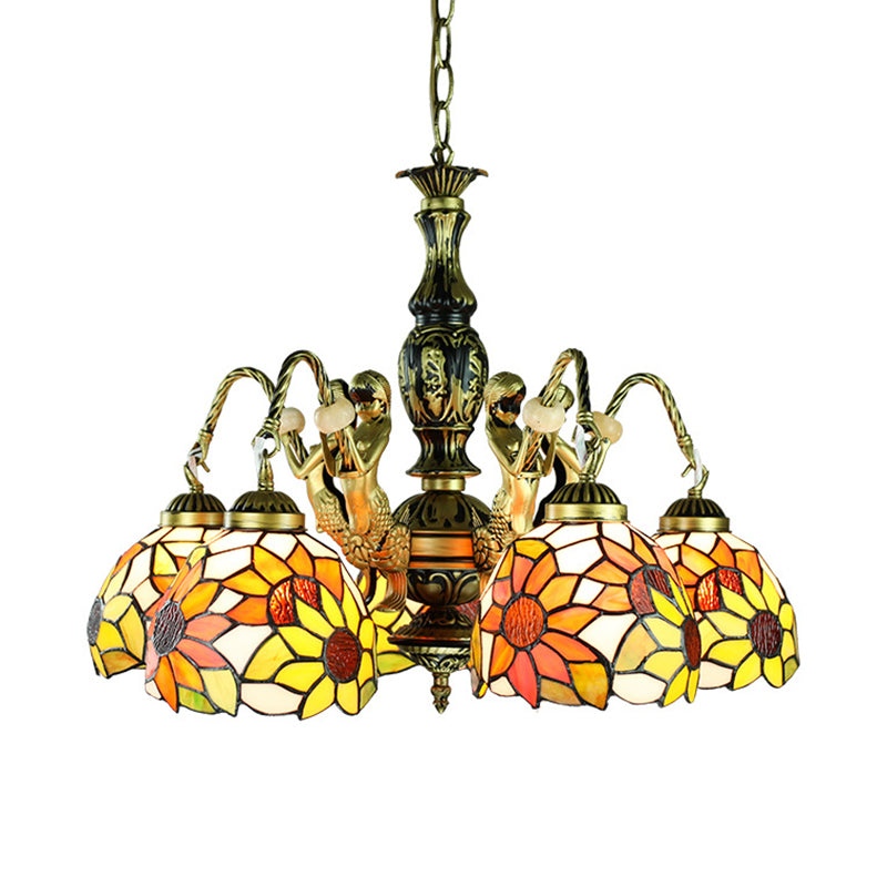 Stained Art Glass Orange Pendant Lamp Sunflower 5 Lights Tiffany Chandelier Light Fixture with Mermaid Deco