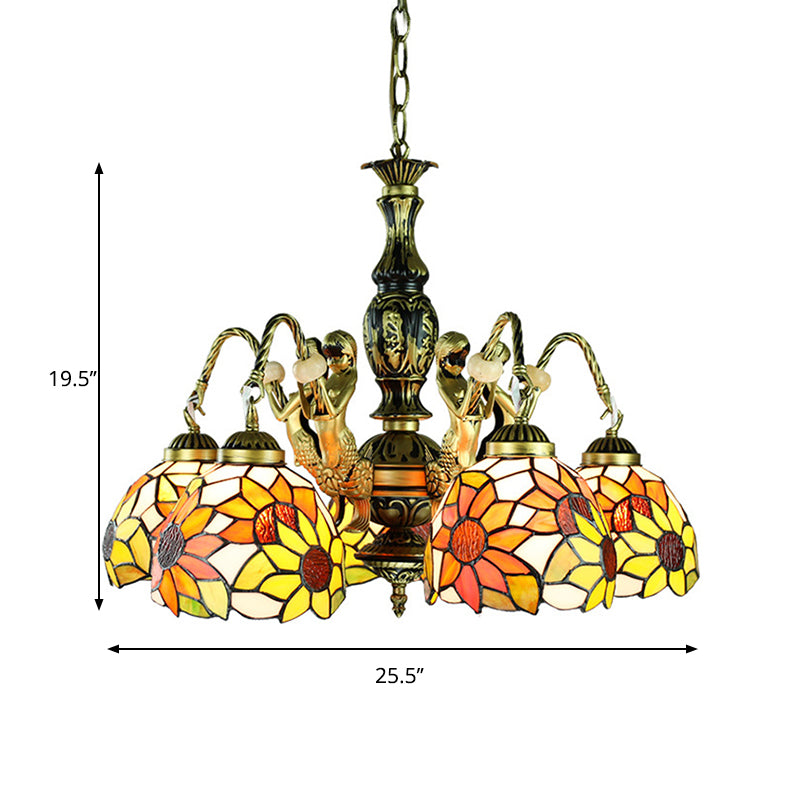 Stained Art Glass Orange Pendant Lamp Sunflower 5 Lights Tiffany Chandelier Light Fixture with Mermaid Deco