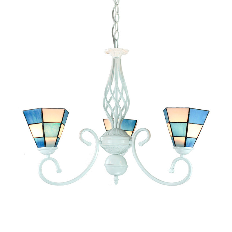 Cone Shade Foyer Pendant Light with Metal Chain Mediterranean Blue Glass Chandelier Lamp