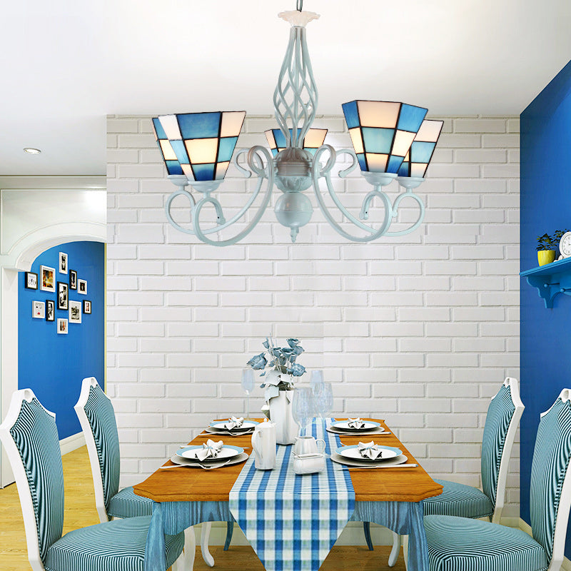 Cone Hanging Ceiling Light Mosaic Modern Style 3 Lights Glass Chandelier in Blue for Dining Room