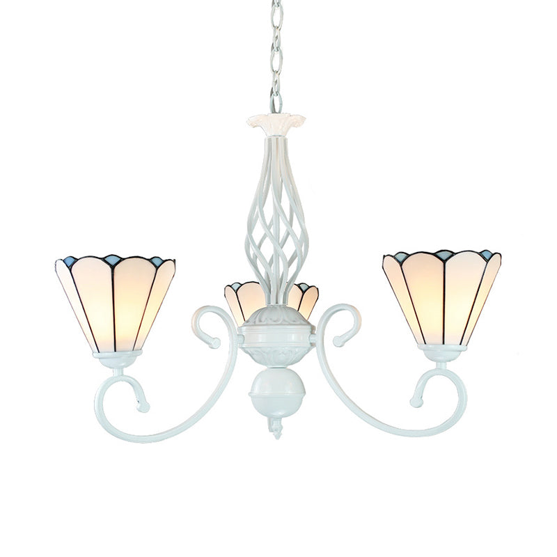 White Glass Cone Ceiling Chandelier Adjustable 3 Lights Foyer Pendant Light with Curved Arm