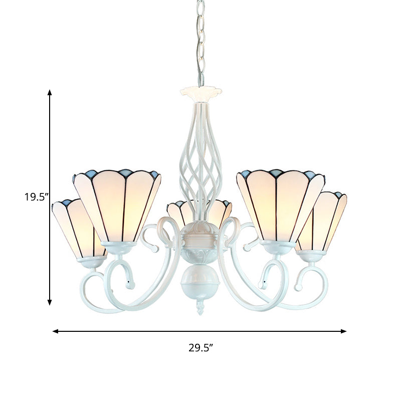 5 Lights Cone Chandelier with Adjustable Chain White Glass Traditional Pendant Light for Bedroom