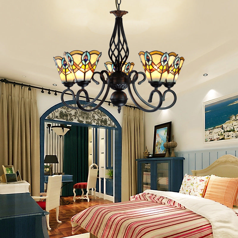 5 Lights Peacock Ceiling Pendant with Cone Shade Loft Style Stained Glass Chandelier for Bedroom