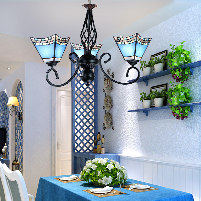 Nautical Pyramid Hanging Chandelier 3 Lights Blue Glass Dining Room Pendant Light