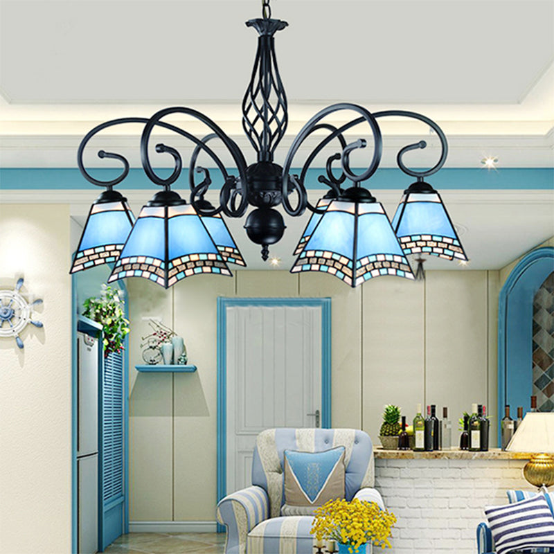 Blue Glass Pyramid Hanging Ceiling Light 6 Lights Nautical Style Suspension Light for Living Room