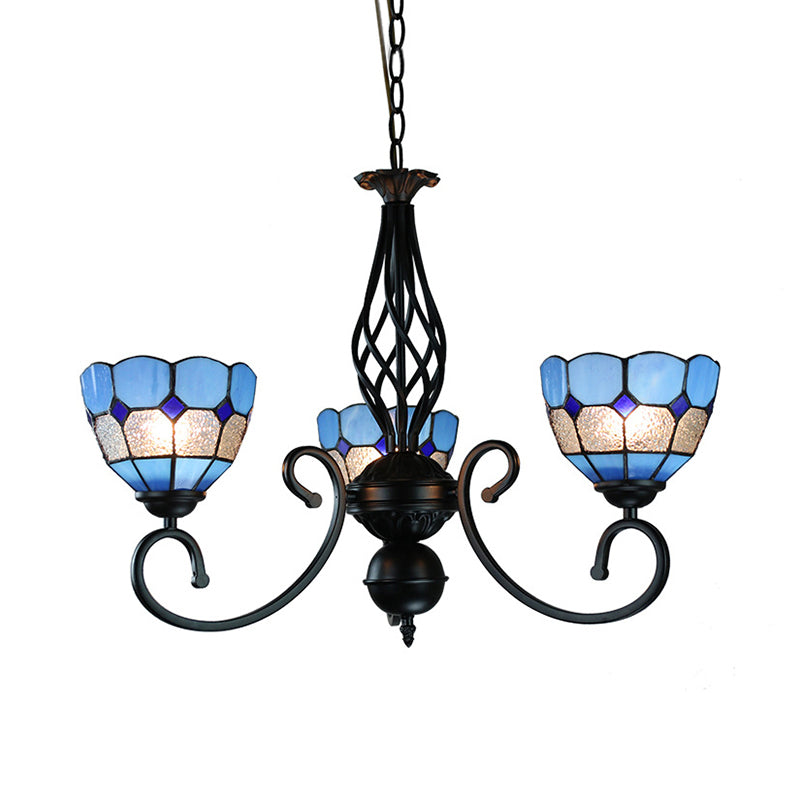 Mediterranean Bowl Pendant Light with Curved Arm Blue Glass 3 Lights Foyer Chandelier