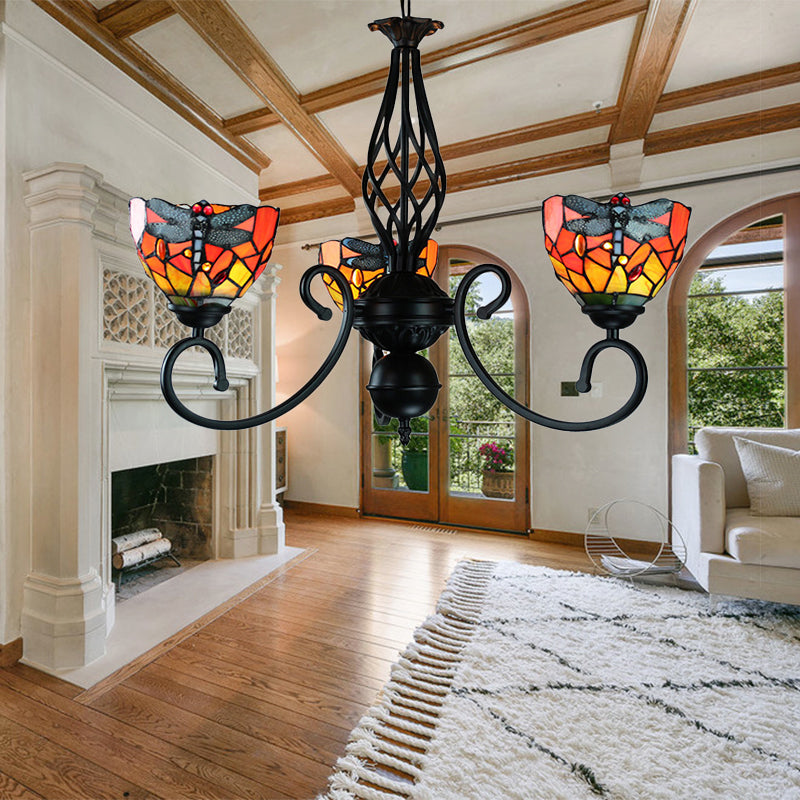 Stained Glass Dragonfly Suspension Light with Curved Arm Lodge Style Multi Color Chandelier for Foyer