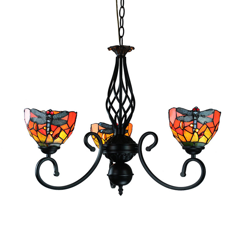 Stained Glass Dragonfly Suspension Light with Curved Arm Lodge Style Multi Color Chandelier for Foyer