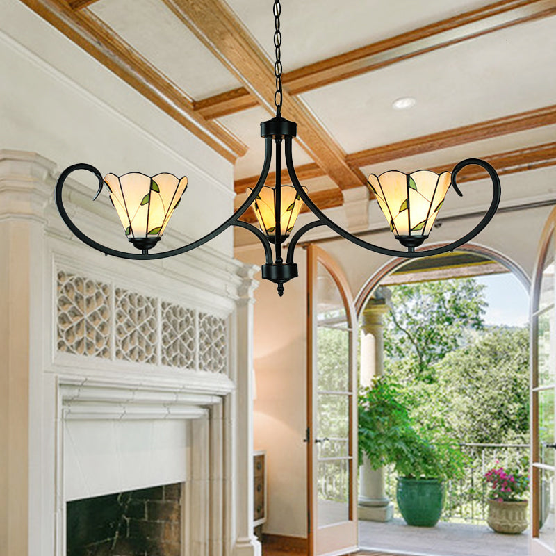 Rustic Leaf Foyer Pendant Light with Cone Shade and 14" Chain Adjustable 3 Lights Beige Glass Chandelier