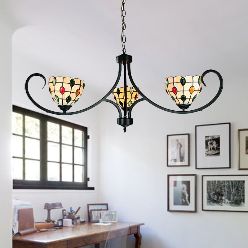 Beige Bowl Suspended Light with Colorful Bead Tiffany Stained Glass 3 Lights Chandelier for Dining Room