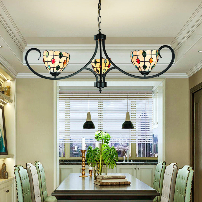 Beige Bowl Suspended Light with Colorful Bead Tiffany Stained Glass 3 Lights Chandelier for Dining Room