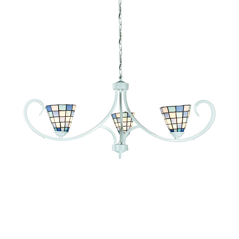 Cone Pendant Lighting with Adjustable Chain Traditional 3 Lights Stained Glass Chandelier in Blue