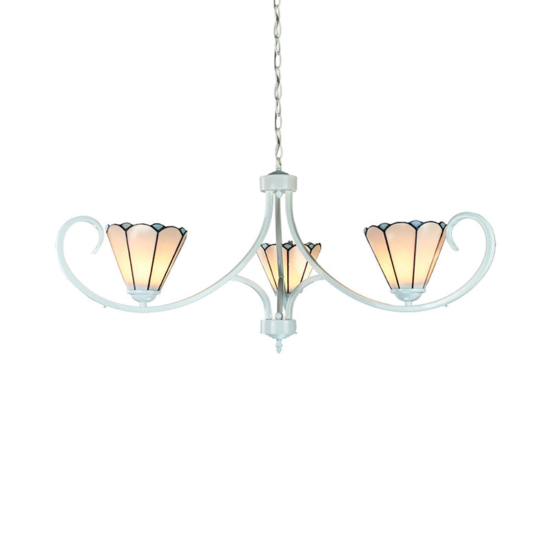 Conical Chandelier Light with Curved Arm 3 Lights White Glass Tiffany Hanging Ceiling Light