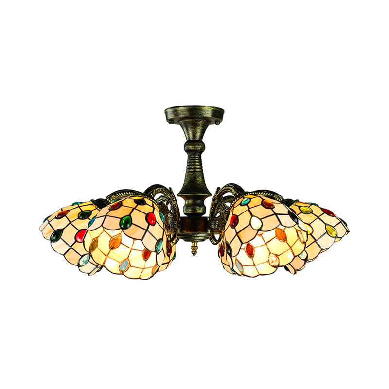 6 Lights Peacock Tail/Leaf/Flower Pendant Light with Shade Tiffany Vintage Stained Glass Chandelier Lighting in Antique Bronze