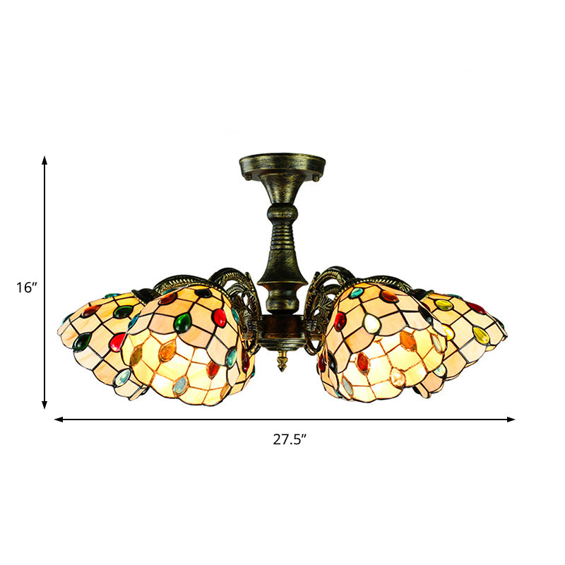 6 Lights Peacock Tail/Leaf/Flower Pendant Light with Shade Tiffany Vintage Stained Glass Chandelier Lighting in Antique Bronze