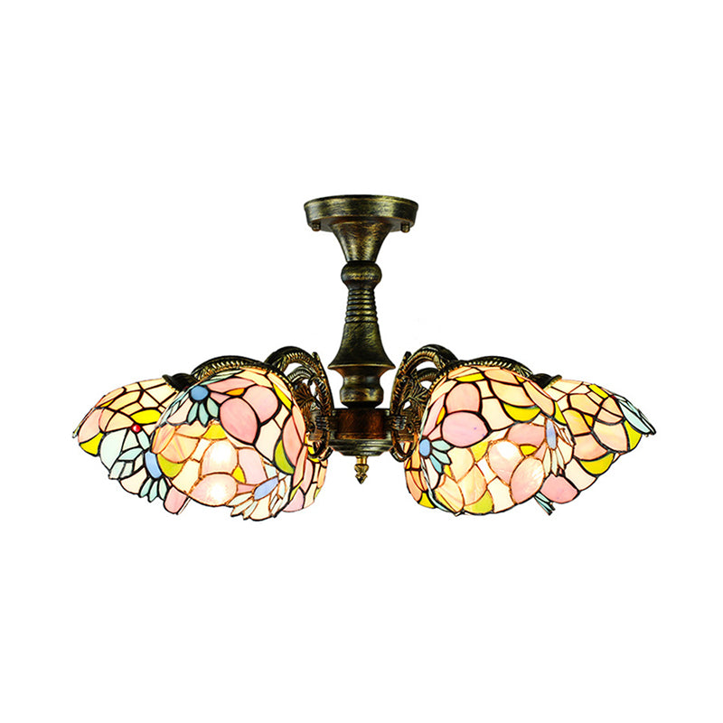 6 Lights Peacock Tail/Leaf/Flower Pendant Light with Shade Tiffany Vintage Stained Glass Chandelier Lighting in Antique Bronze