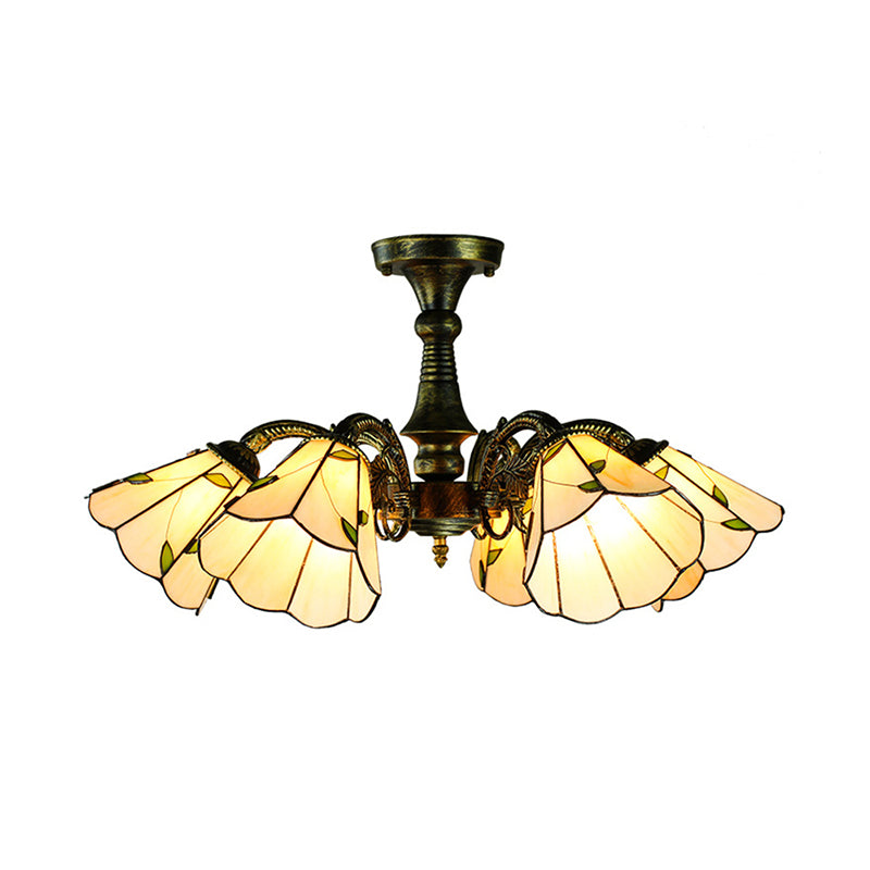 6 Lights Peacock Tail/Leaf/Flower Pendant Light with Shade Tiffany Vintage Stained Glass Chandelier Lighting in Antique Bronze