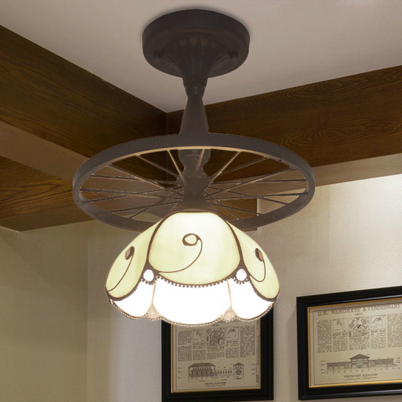 Beige Petal Shaped Semi Flush Ceiling Light with Wheel 1 Light Tiffany Industrial Glass Ceiling Lamp for Cafe