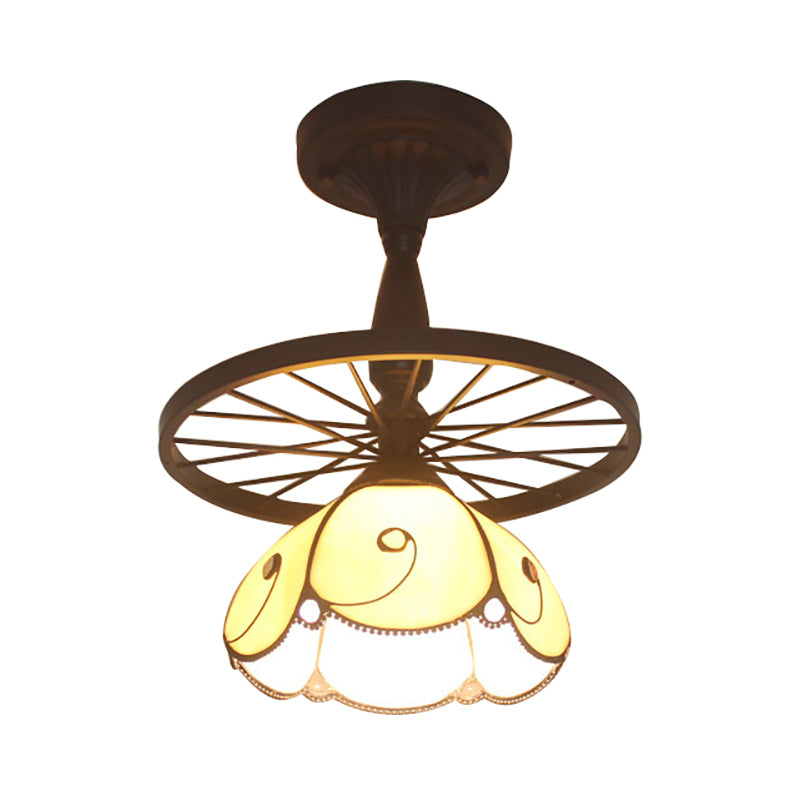 Beige Petal Shaped Semi Flush Ceiling Light with Wheel 1 Light Tiffany Industrial Glass Ceiling Lamp for Cafe