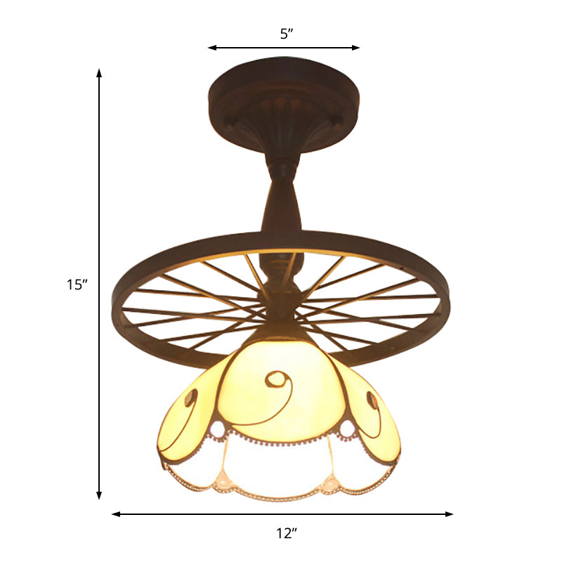 Beige Petal Shaped Semi Flush Ceiling Light with Wheel 1 Light Tiffany Industrial Glass Ceiling Lamp for Cafe