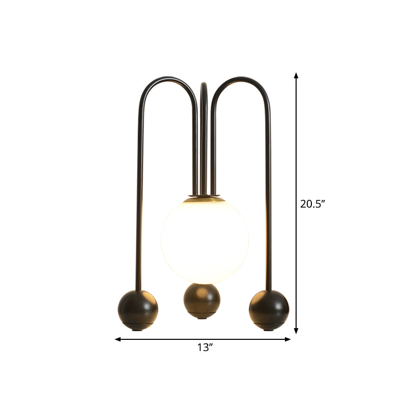 Metal U-Shaped Table Lamp Contemporary 1 Bulb Black/Gold Night Light in Warm/White Light with Ball Opal Glass Shade