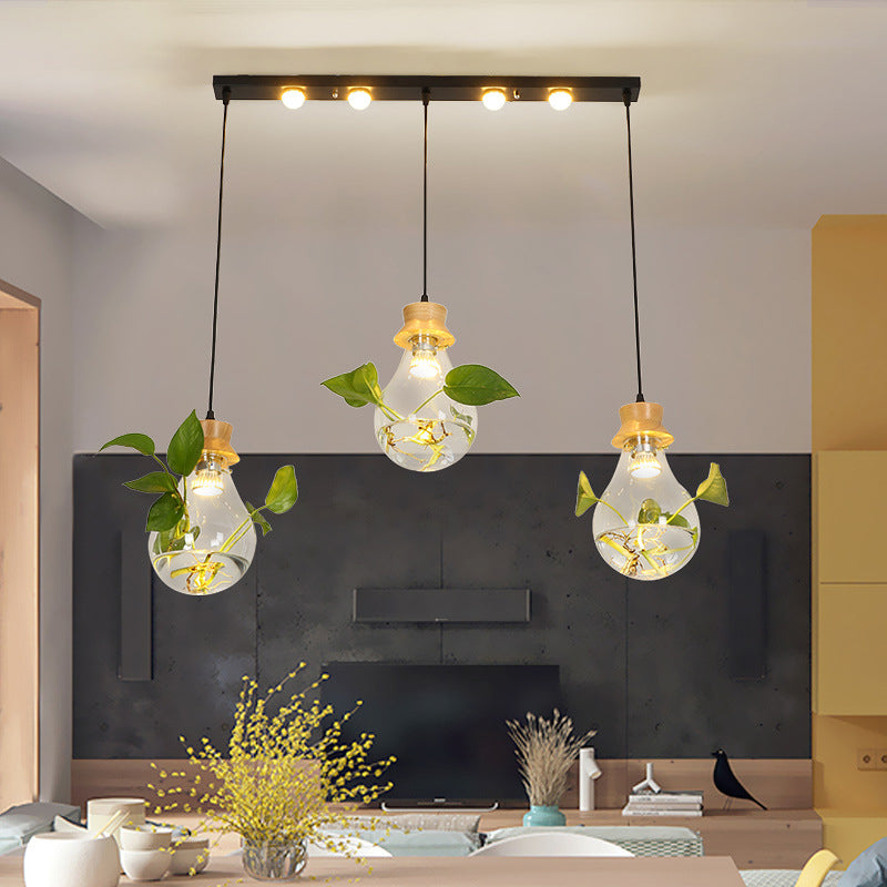 12"/19.5" W 3-Head Cluster Pendant Farmhouse Bulb Shaped Clear Glass Hanging Light Kit in Black, Linear/Round Canopy