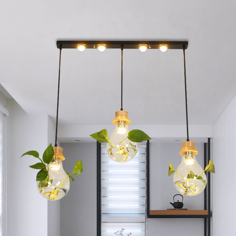 12"/19.5" W 3-Head Cluster Pendant Farmhouse Bulb Shaped Clear Glass Hanging Light Kit in Black, Linear/Round Canopy