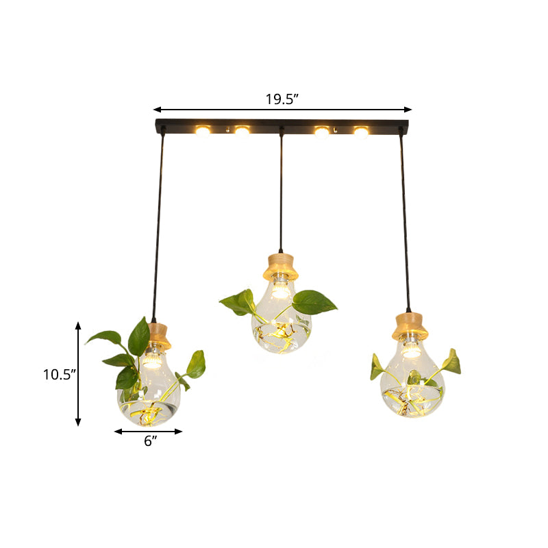 12"/19.5" W 3-Head Cluster Pendant Farmhouse Bulb Shaped Clear Glass Hanging Light Kit in Black, Linear/Round Canopy