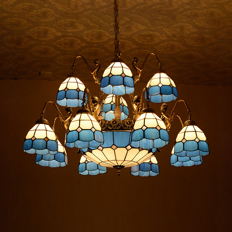 15 Lights Living Room Ceiling Lamp Tiffany Style Blue Chandelier Light with Dome Cut Glass Shade