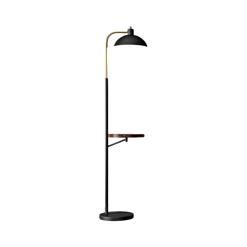 Bowl Shade Metal Reading Floor Light Simplicity 1-Light Black Standing Lamp with Shelves Design