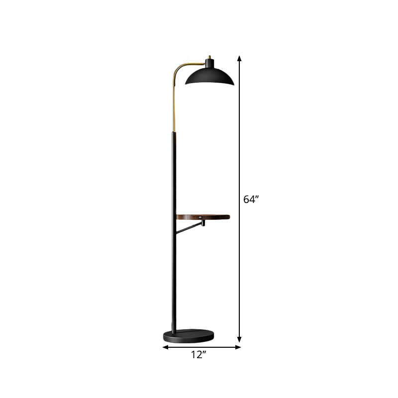 Tombra de tazón de lectura de metal Luz de piso Simplicidad de 1 luz Lámpara de pie negra con diseño de estantes